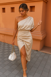 Beige One‑shoulder midi-dress