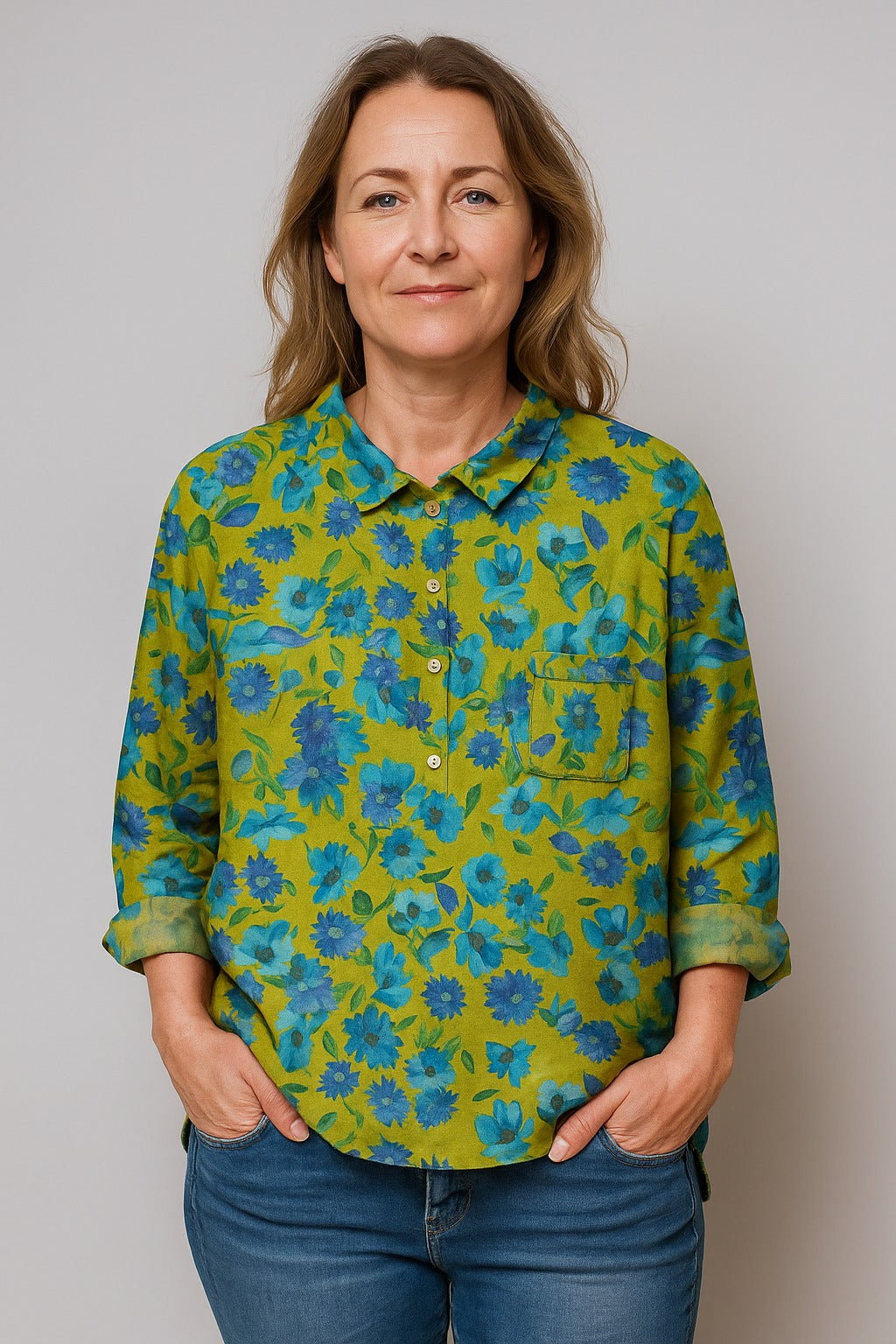 Darcie | Green floral linen blouse