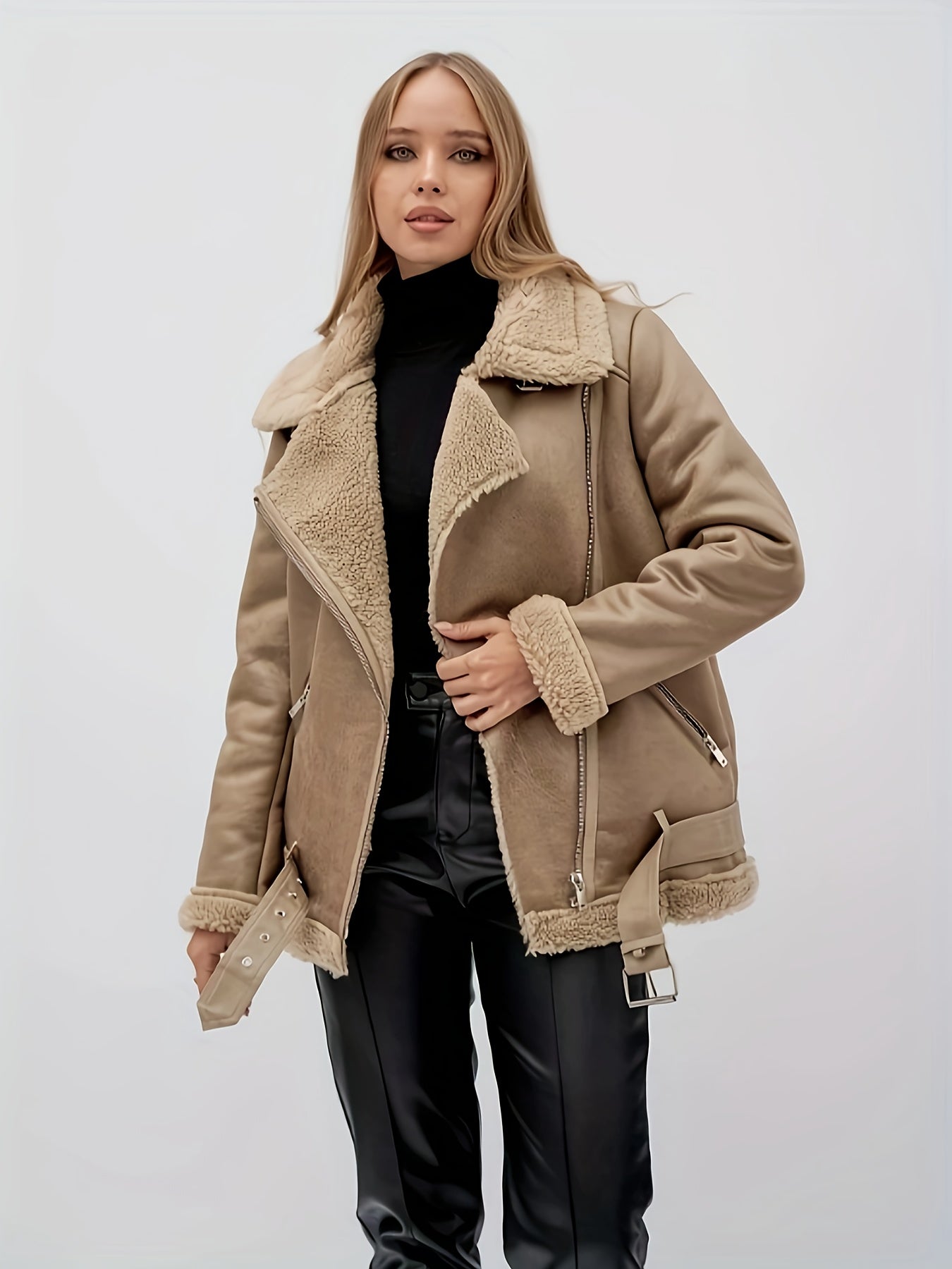 Taupe belted shearling coat