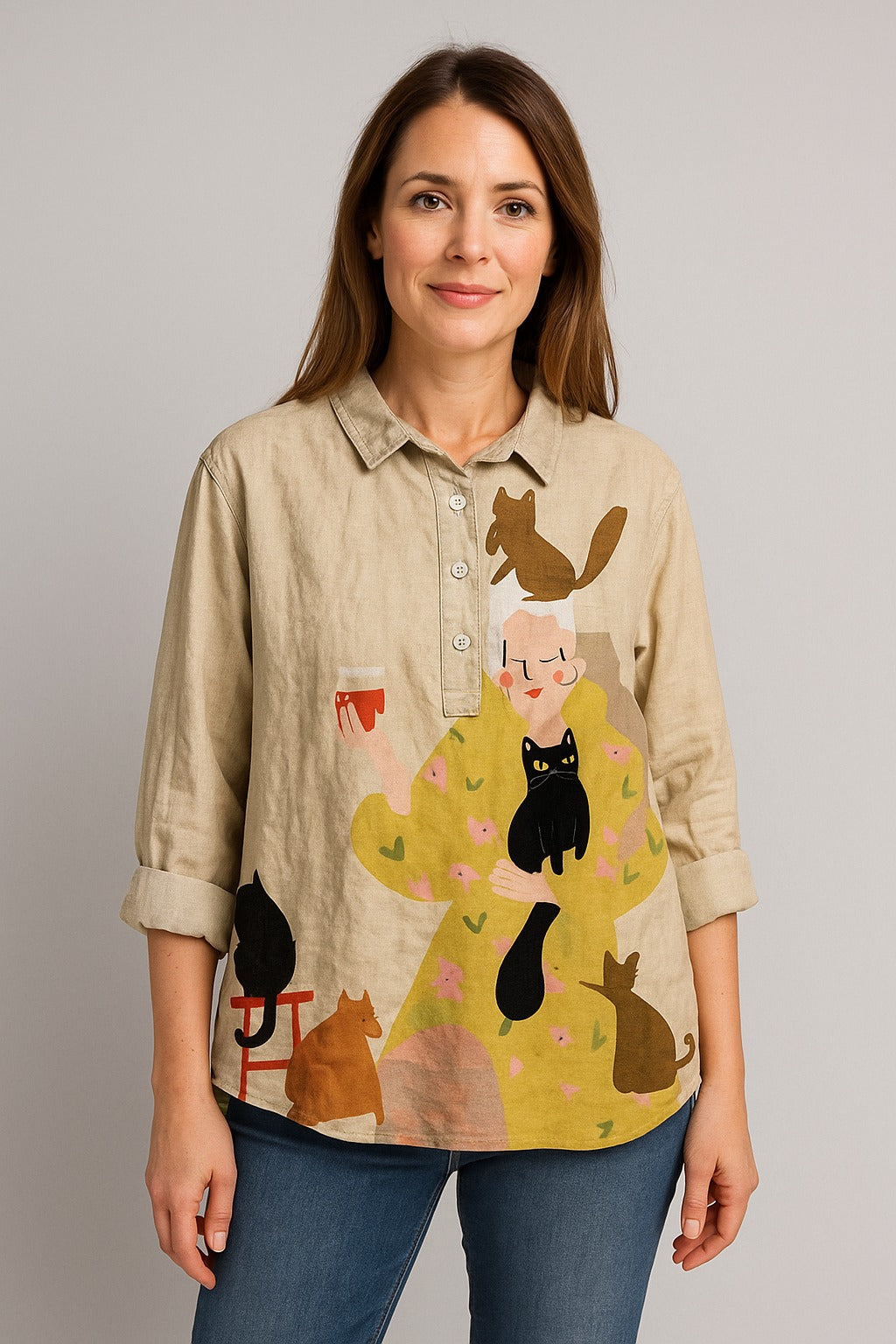 Hazel | Beige blouse with cat illustration