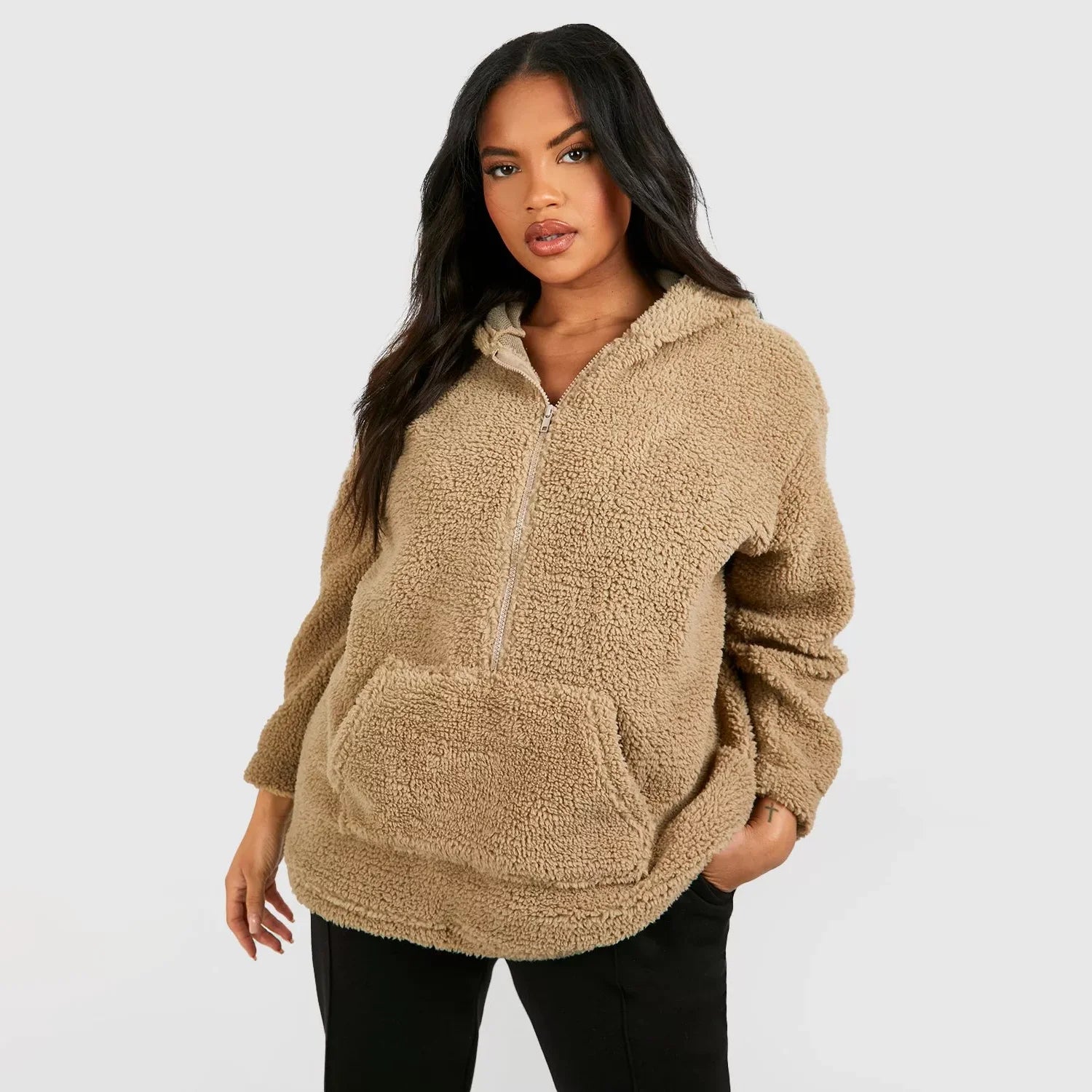 Beige teddy half-zip hoodie
