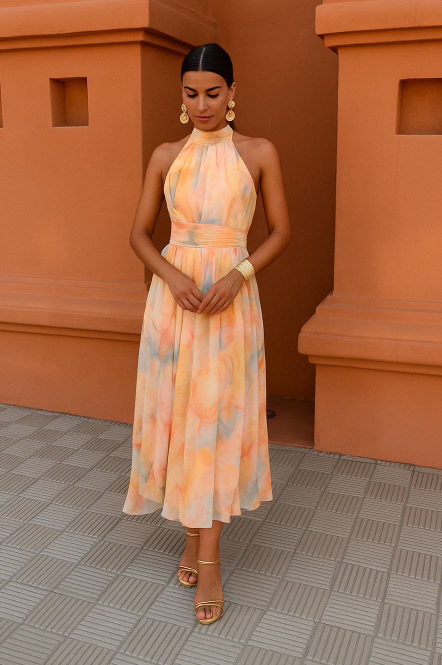 Orange maxi dress with halter neck