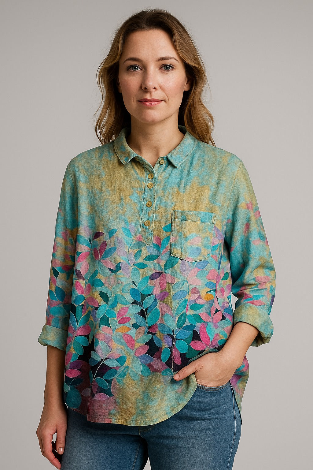 Lila | Teal blouse with leaf print