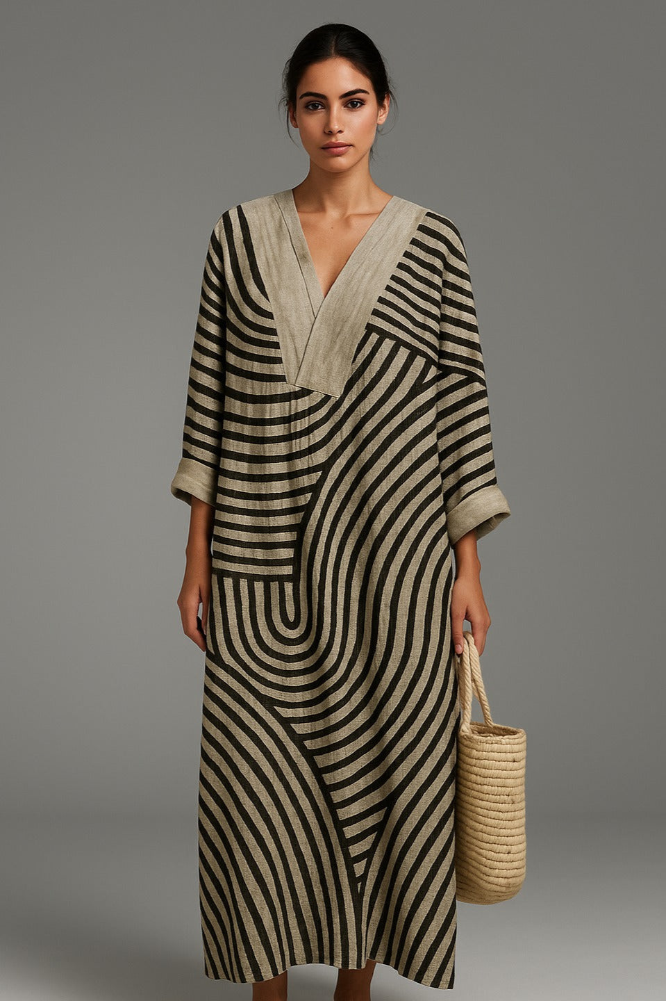 Linen maxi dress with graphic stripe