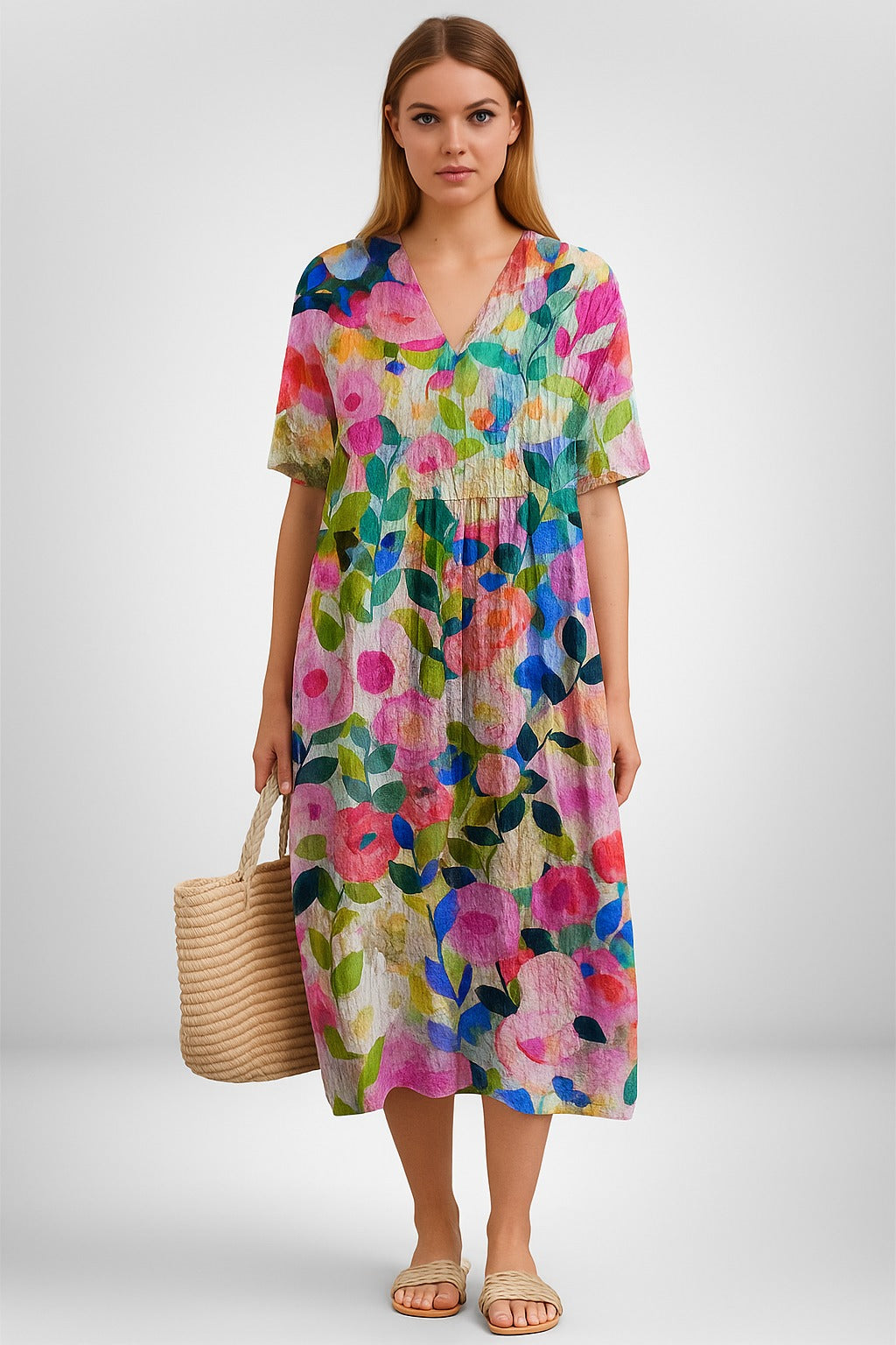 Mellissa | Midi‑jurk met aquarel bloemenprint