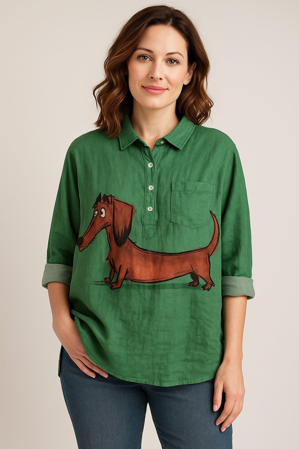 Green blouse with dachshund print