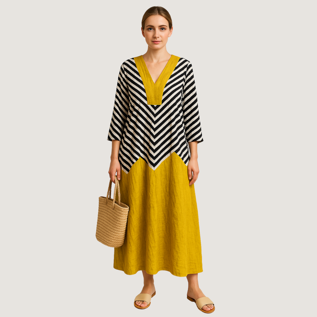 Yellow linen maxi dress with stripe patchwork