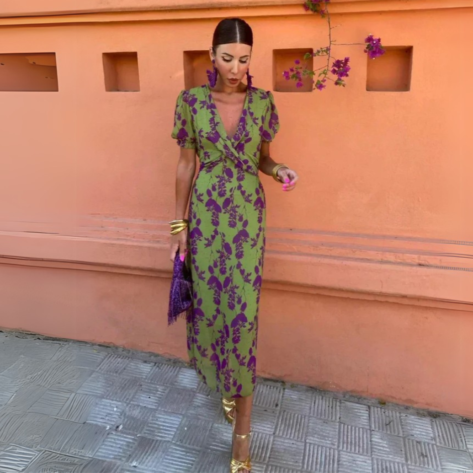 Green and purple midi-dress