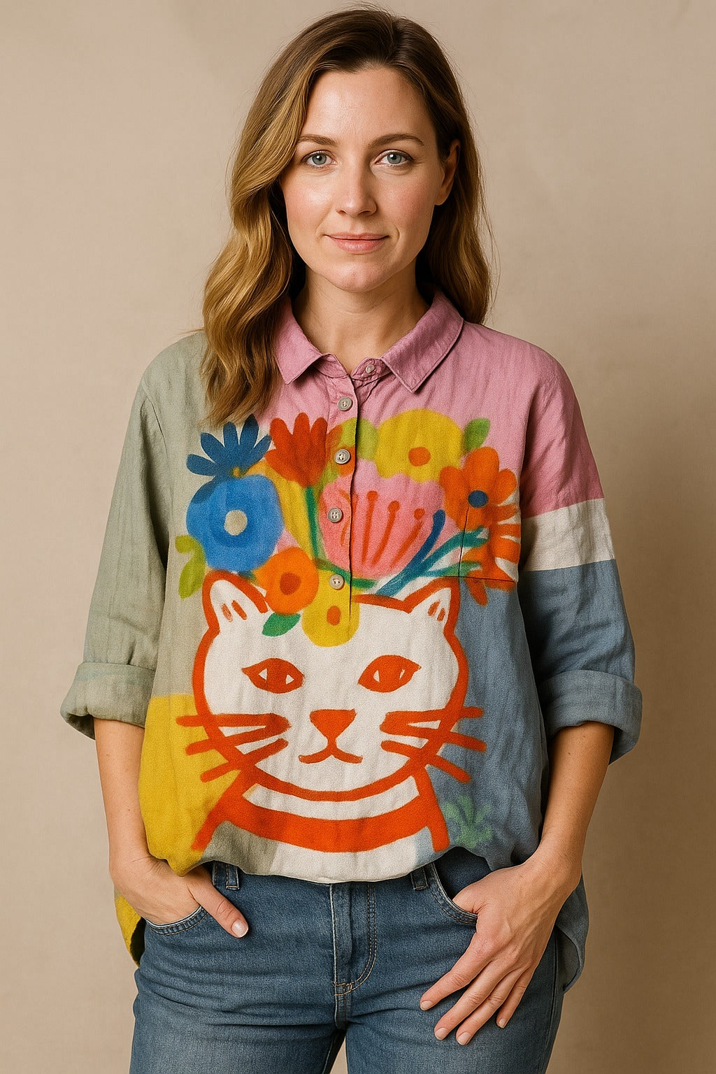 Multicolor cat print linen blouse