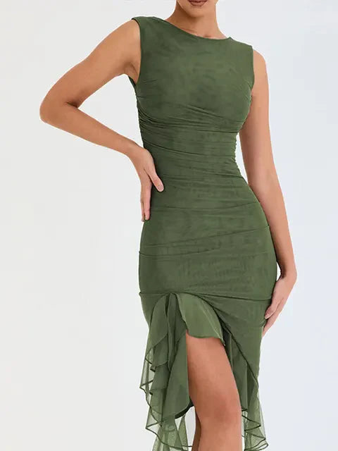 Green midi-dress with ruches