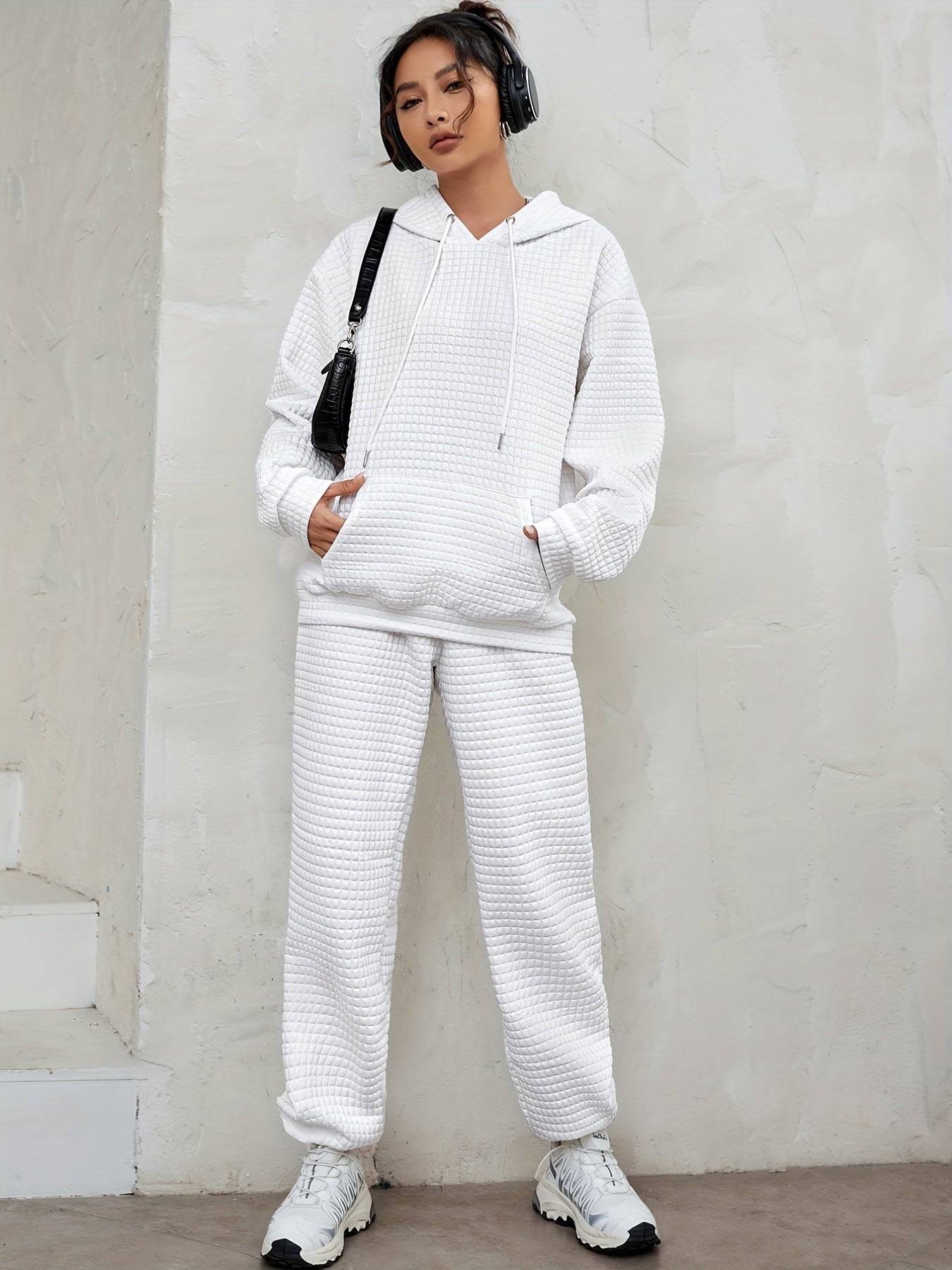 White two-piece set with waffle detail