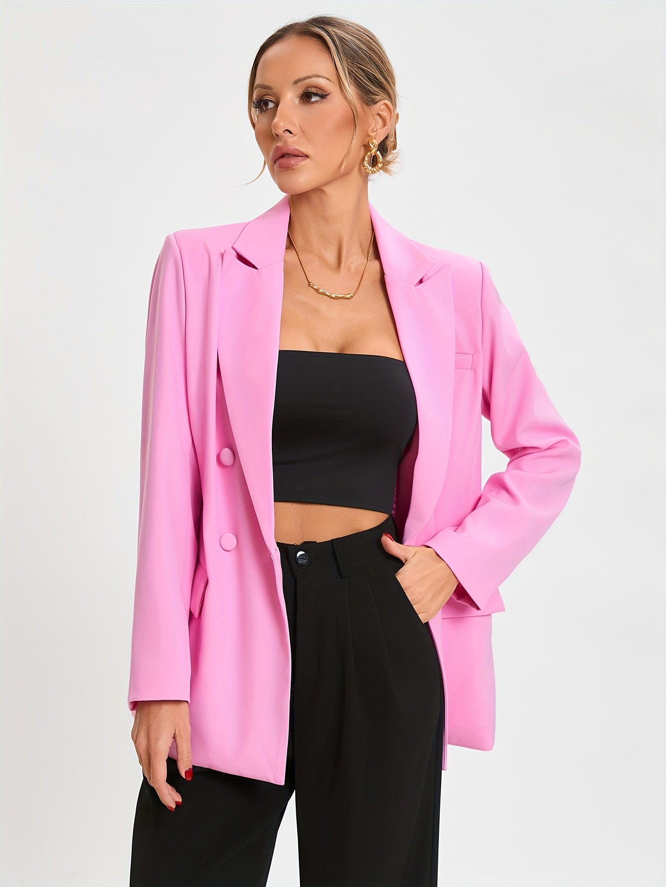 pink double-breasted blazer