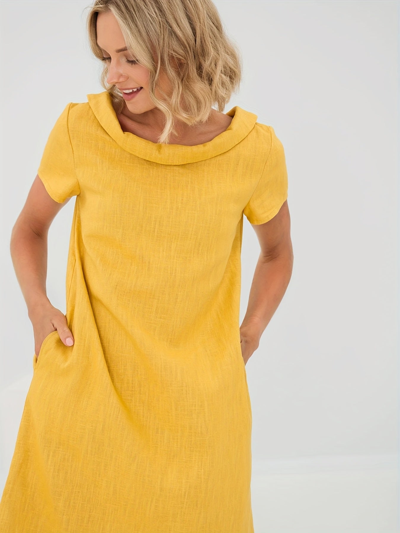 Yellow linen dress with turtleneck