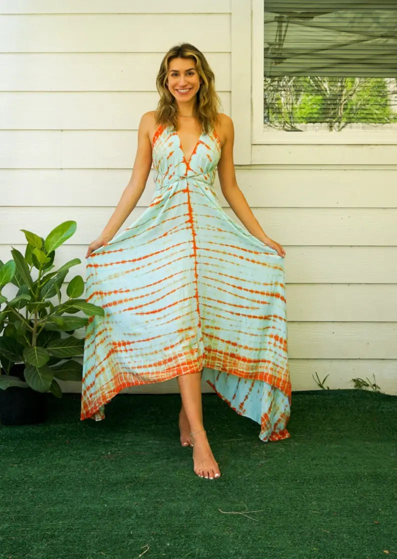 Green and orange tie-dye maxi dress