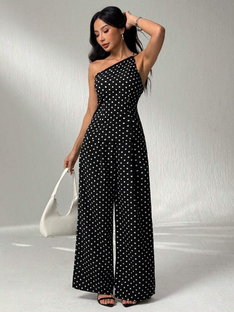 Jaida | One-shoulder jumpsuit met stippenprint