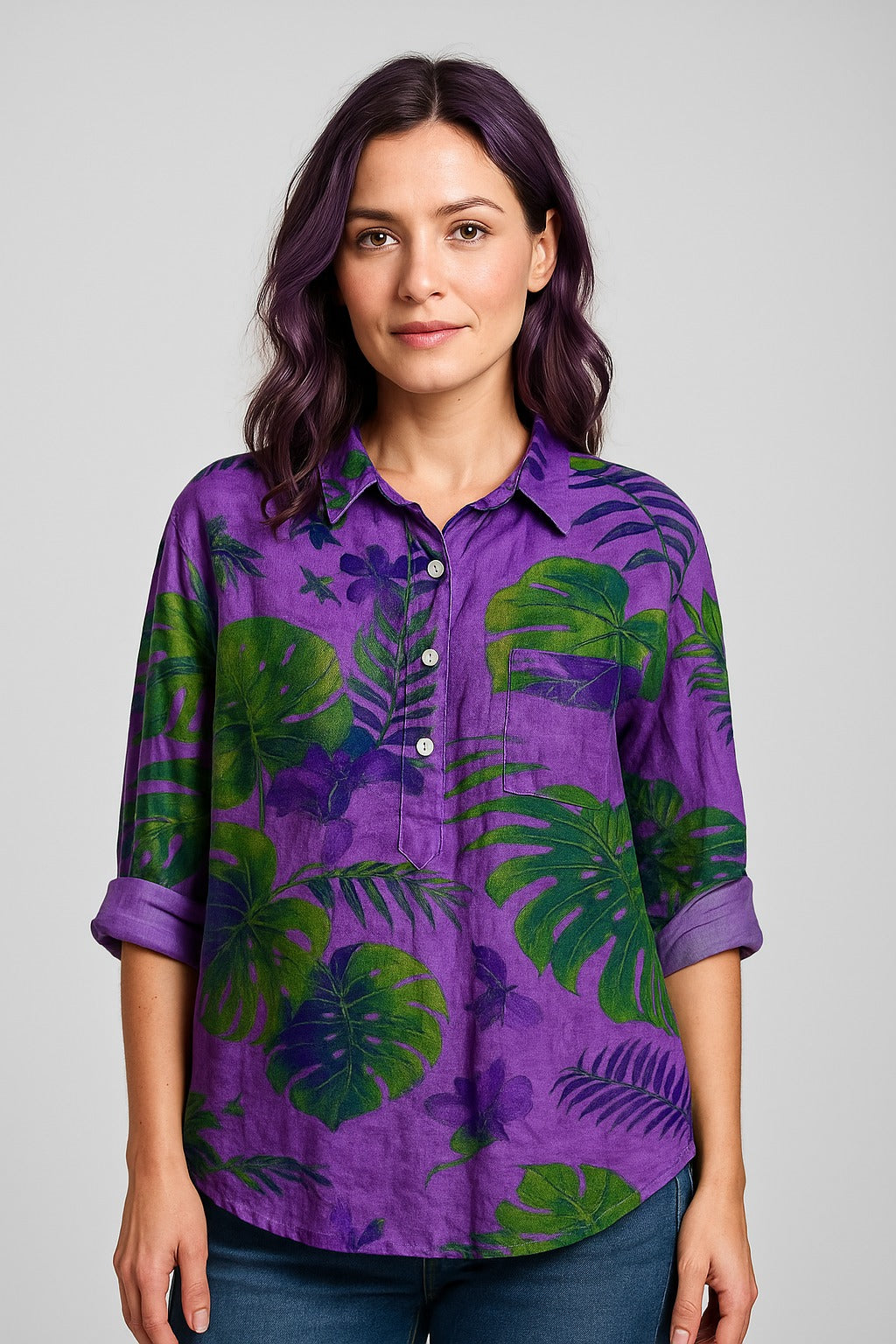 Purple blouse with tropical print