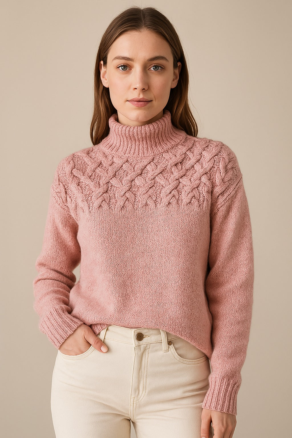 Jen | Roze turtleneck trui met kabeljuk