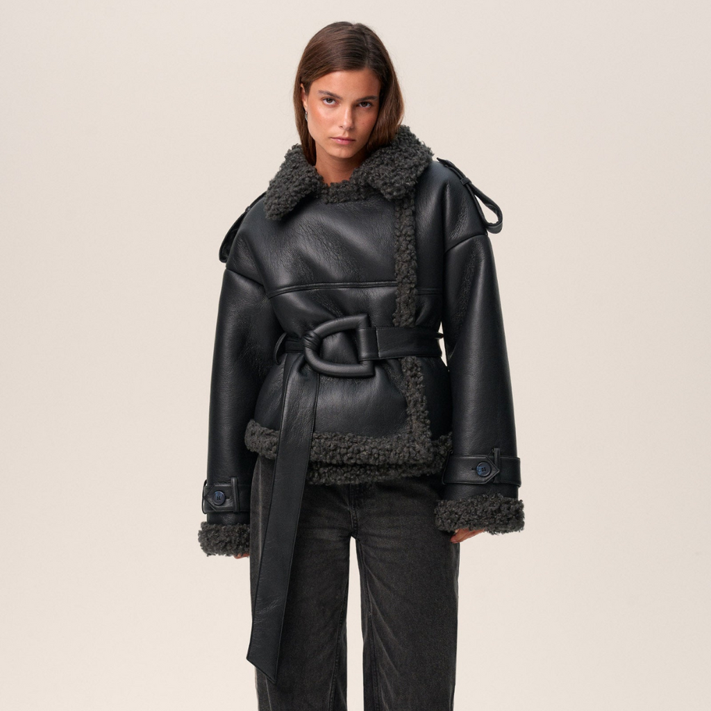 Syra | Black shearling jacket with belt