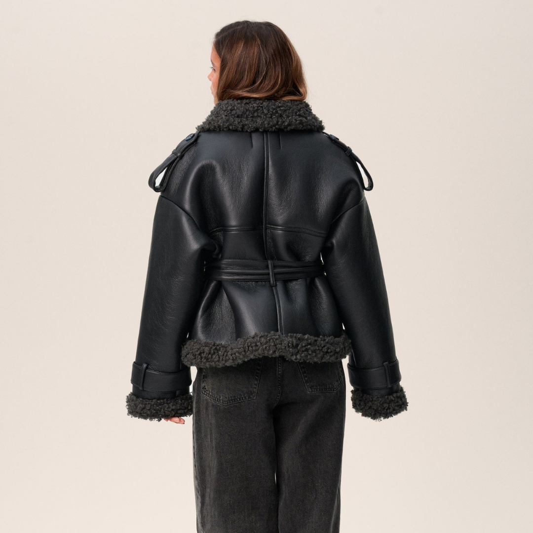Syra | Black shearling jacket with belt