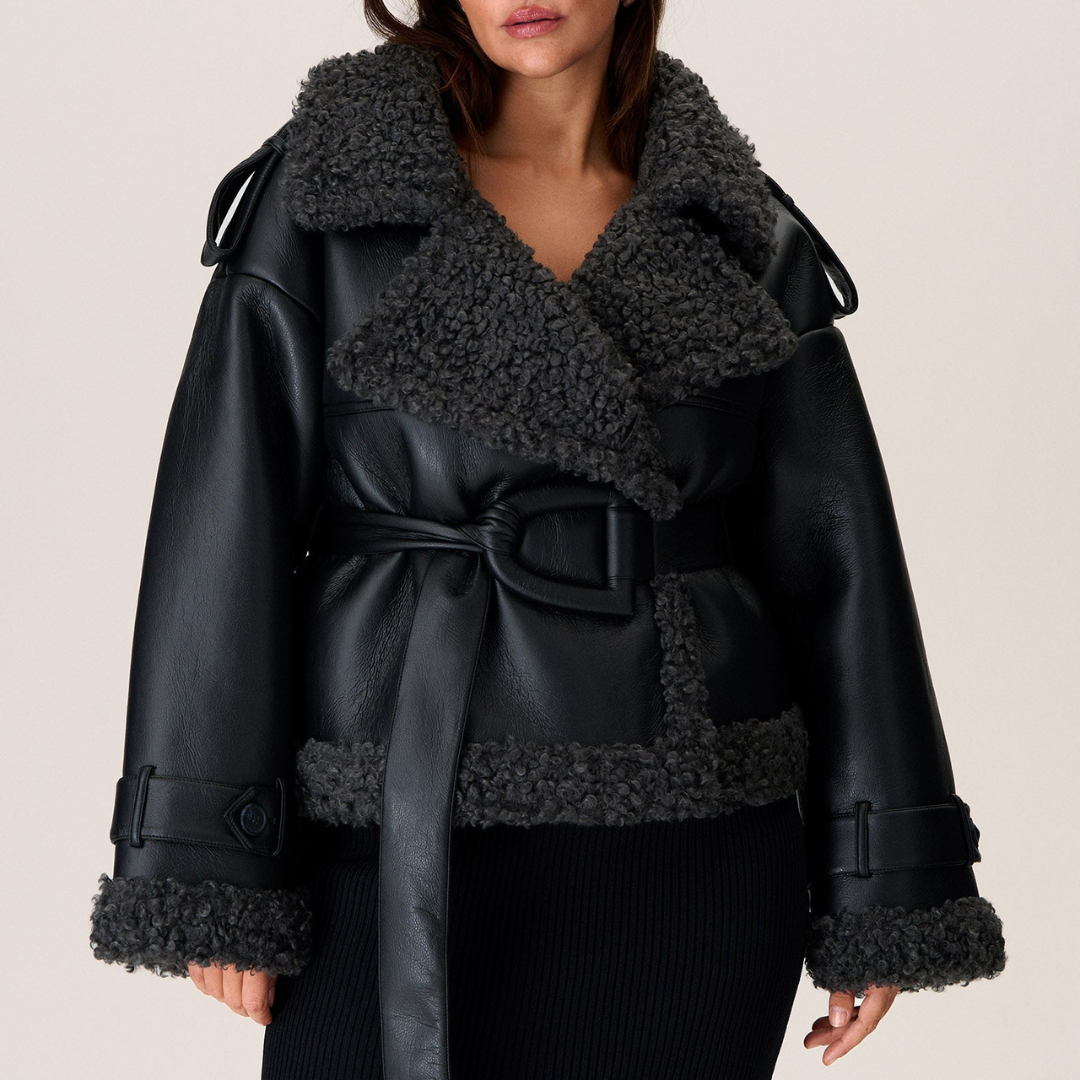 Syra | Black shearling jacket with belt