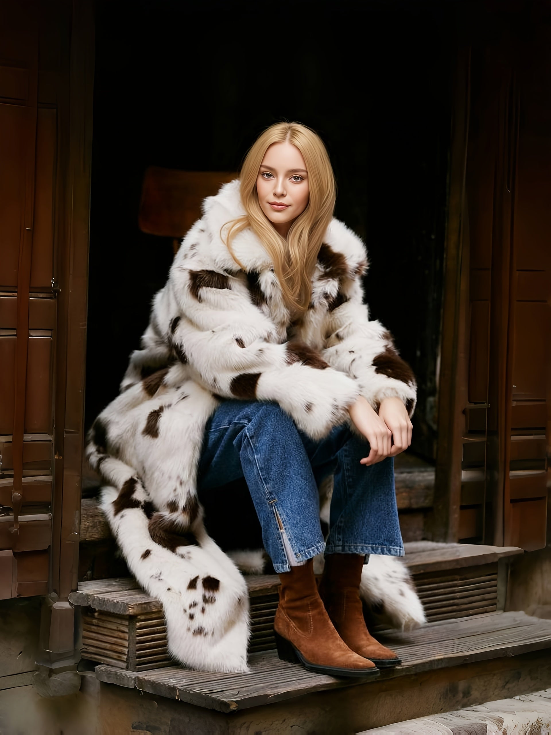 Jorie | Faux fur coat with cow print