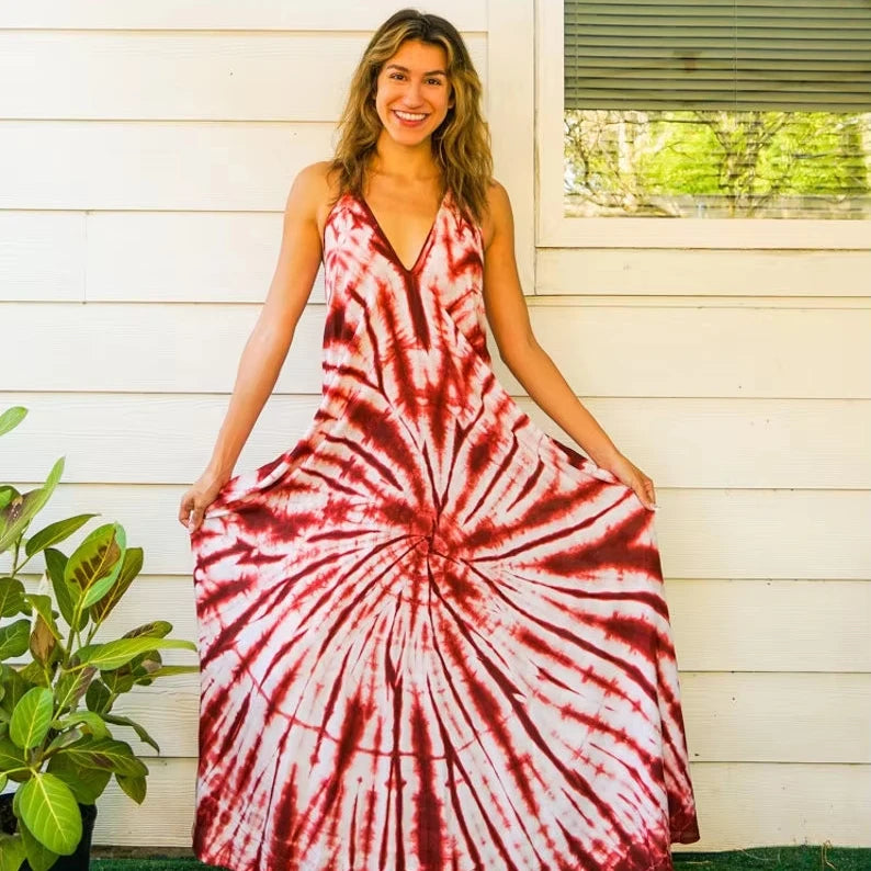 Crimson Waves | Off-shoulder tie-dye maxi dress