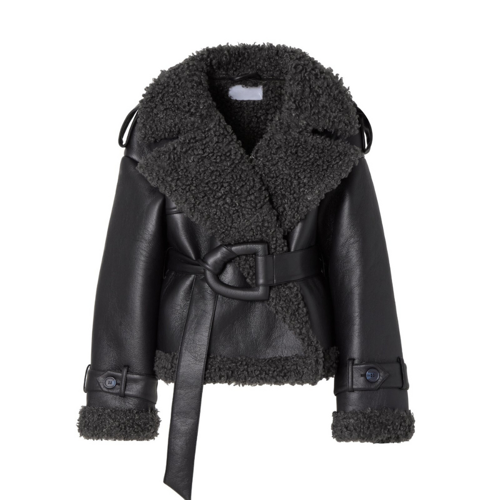 Syra | Black shearling jacket with belt