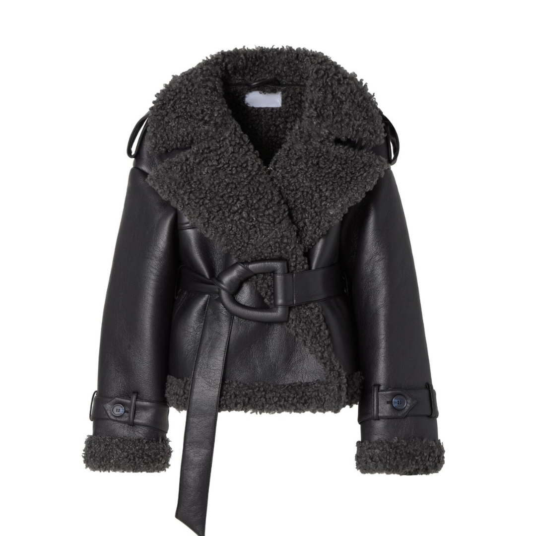 Syra | Black shearling jacket with belt