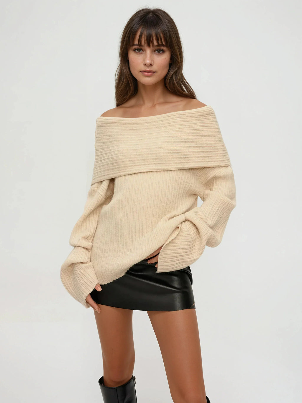 Jaanvi | Ribbed off shoulder loose sweater