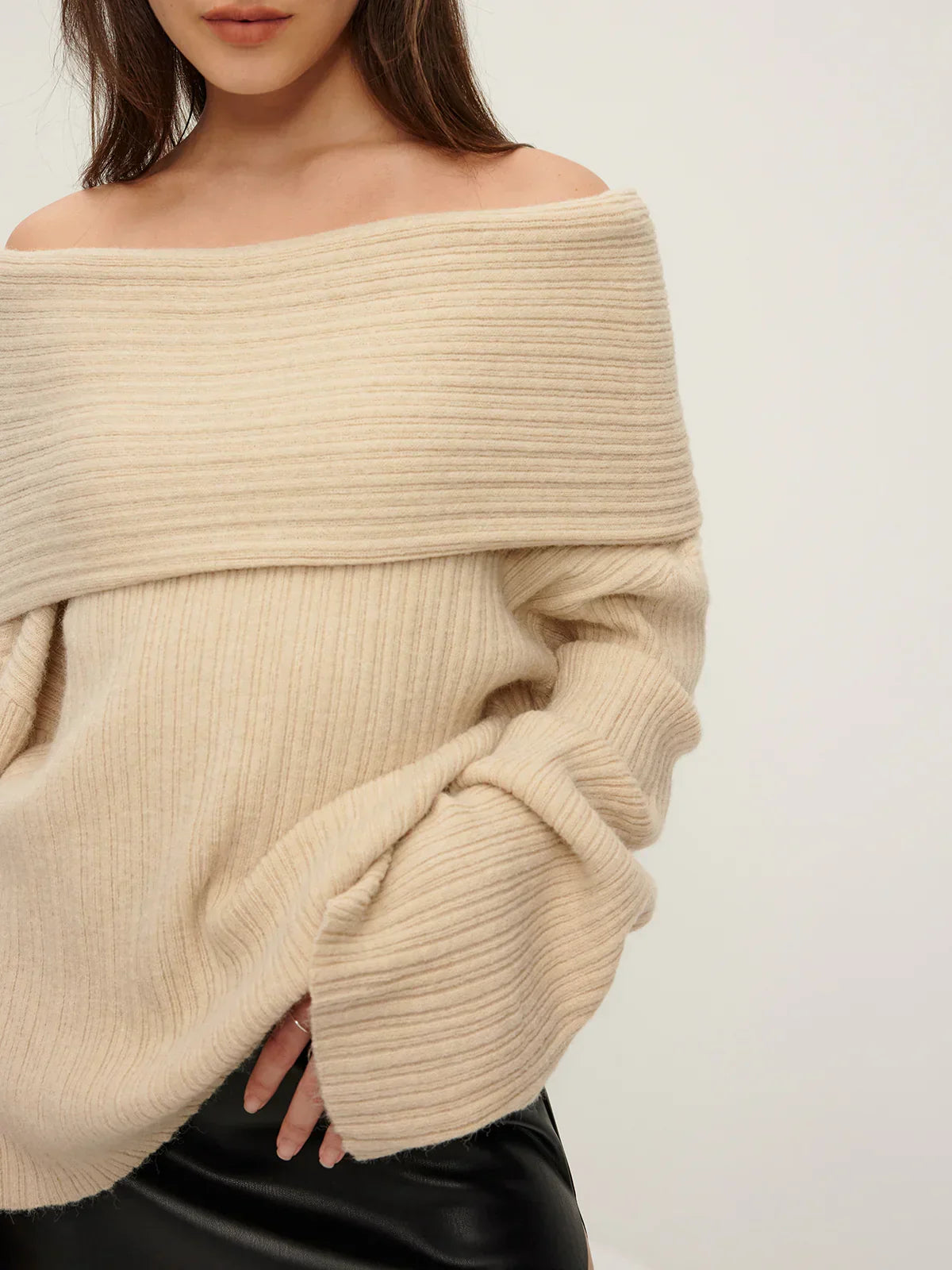 Jaanvi | Ribbed off shoulder loose sweater
