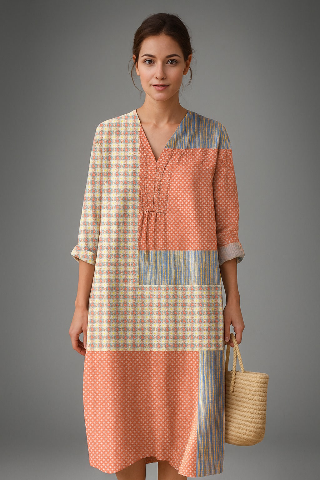 Midi dress met patchworkdessin