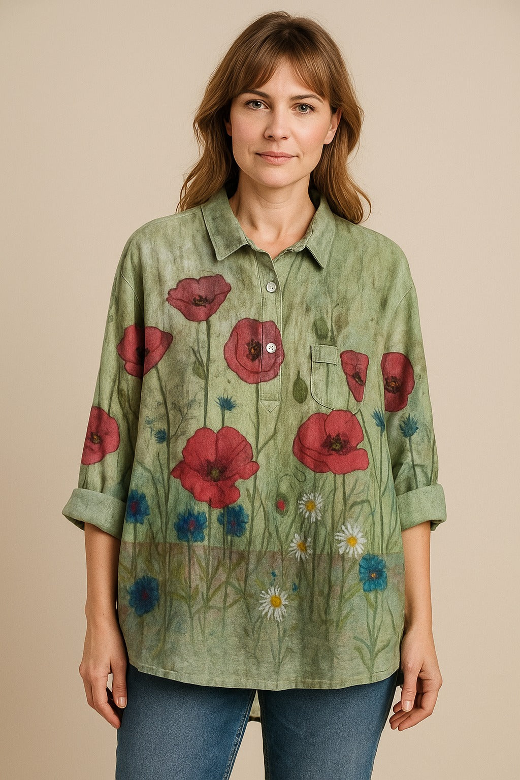 Celest | Green blouse with poppy field print