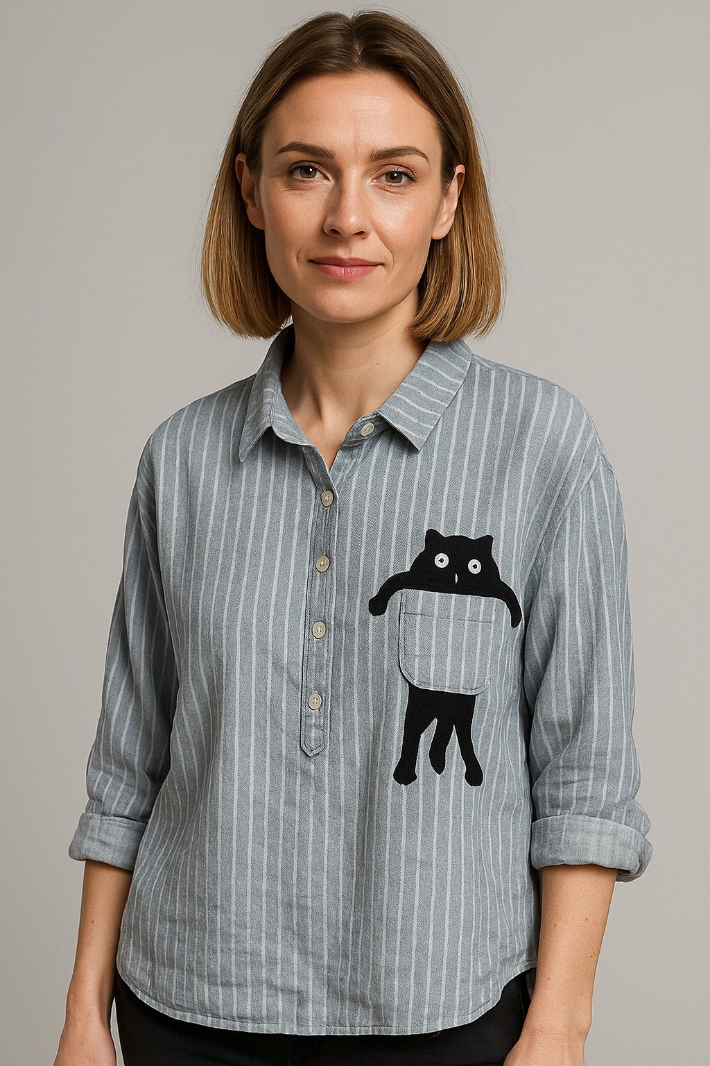 Clara | Grey striped cat pocket shirt
