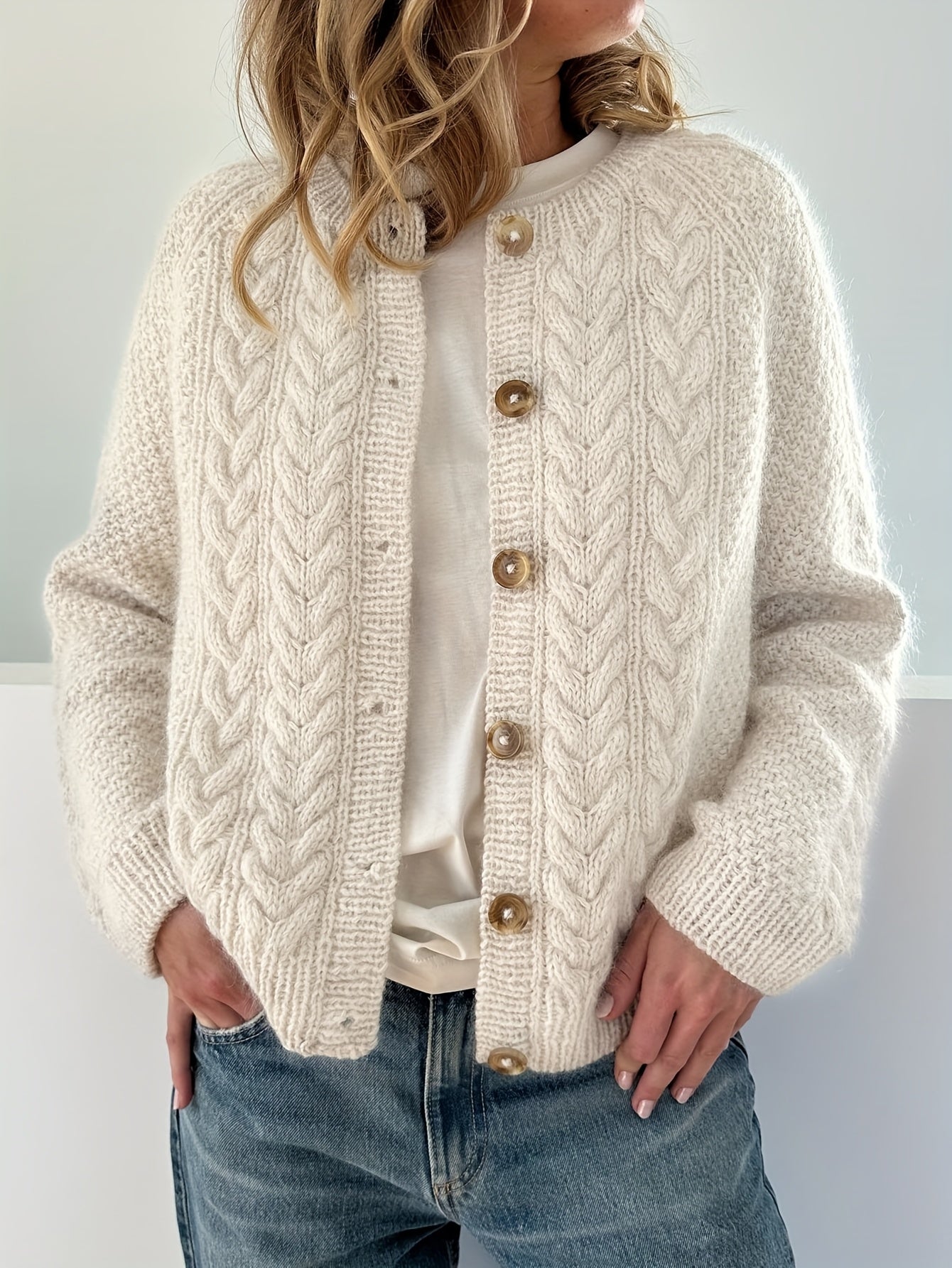 Beige knitted cable cardigan