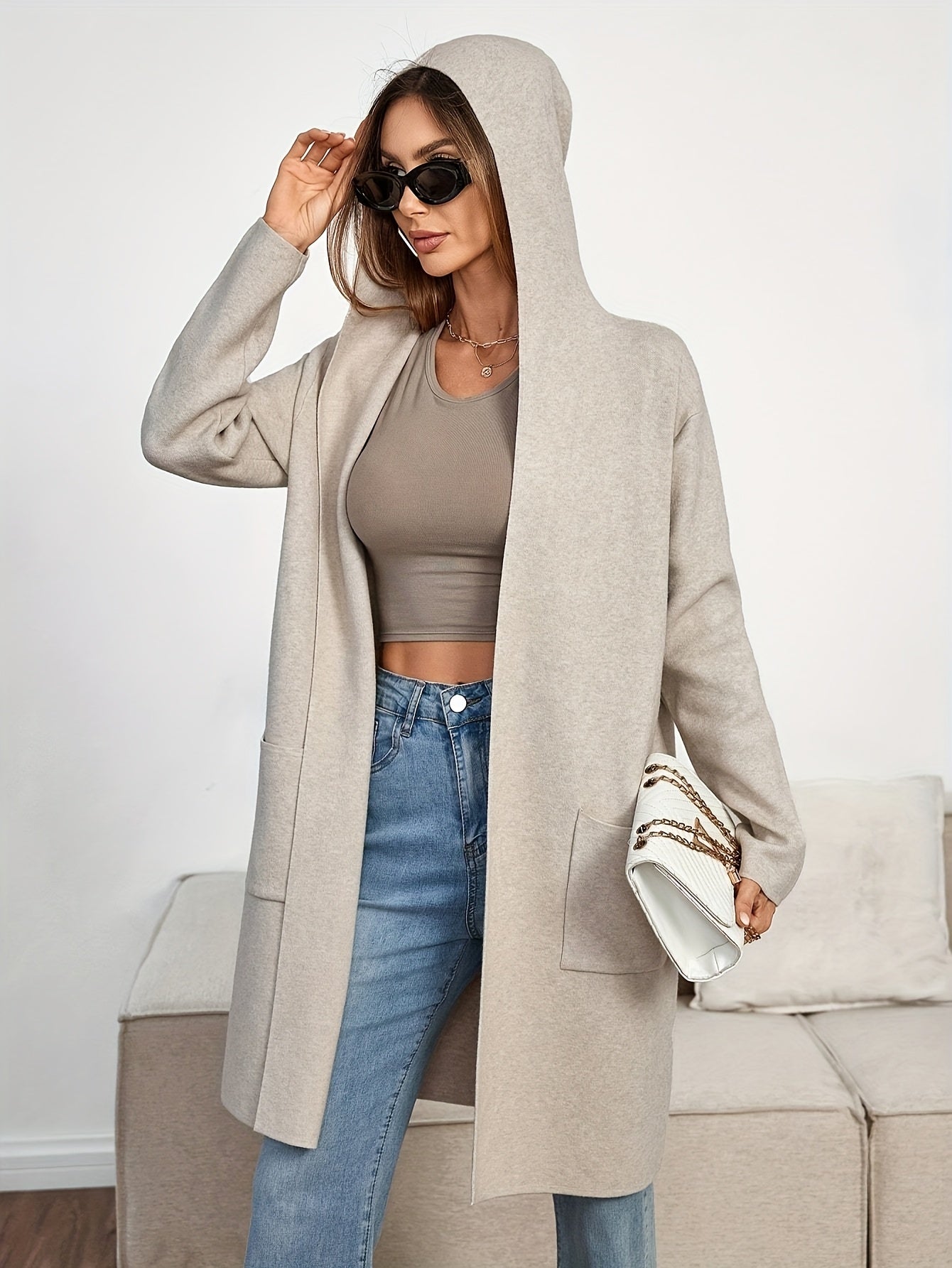 Grey solid-color knitted hooded cardigan