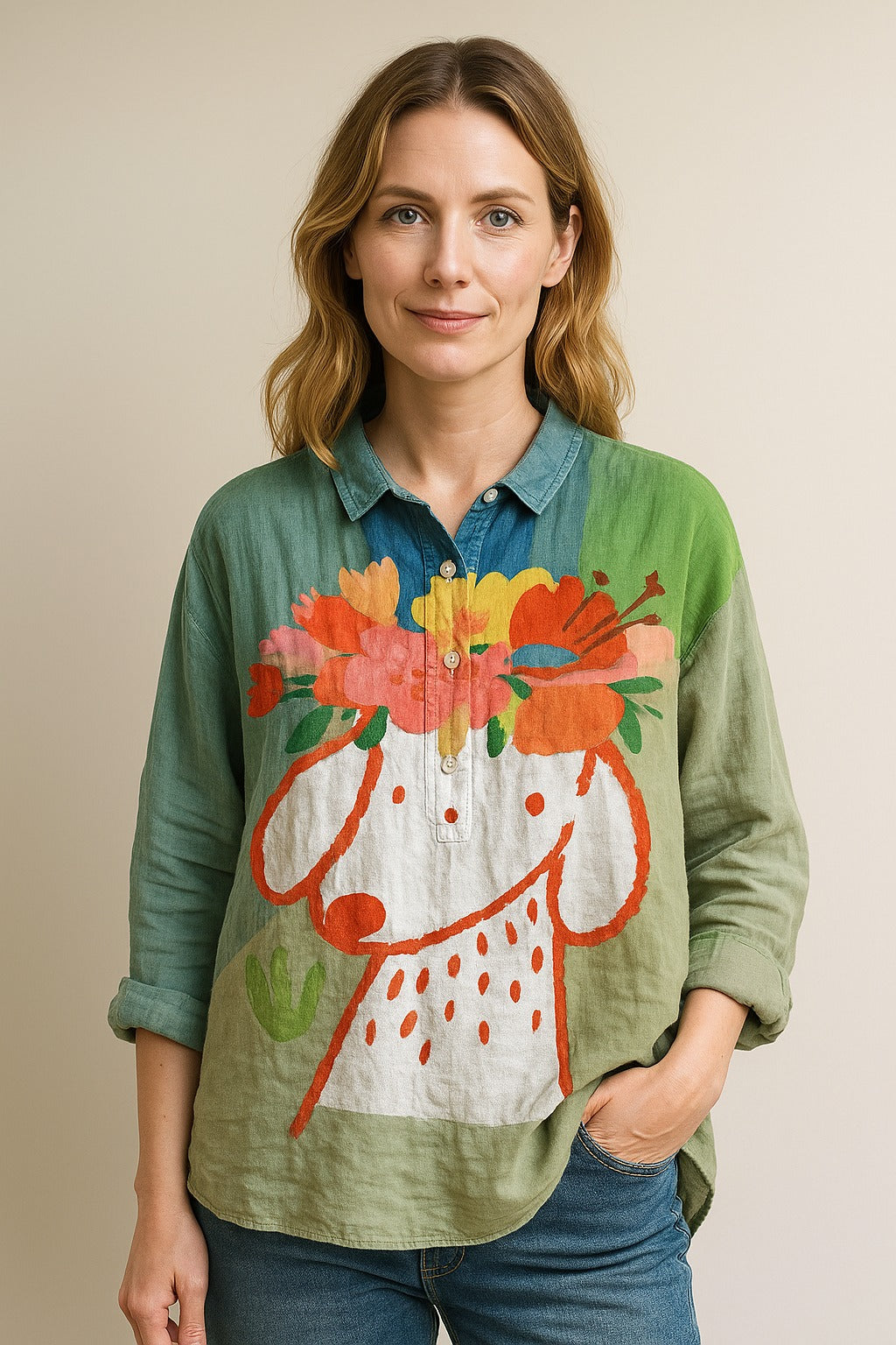 Geena | Green blouse with graphic floral print
