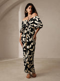 Maxi dress with leaf print