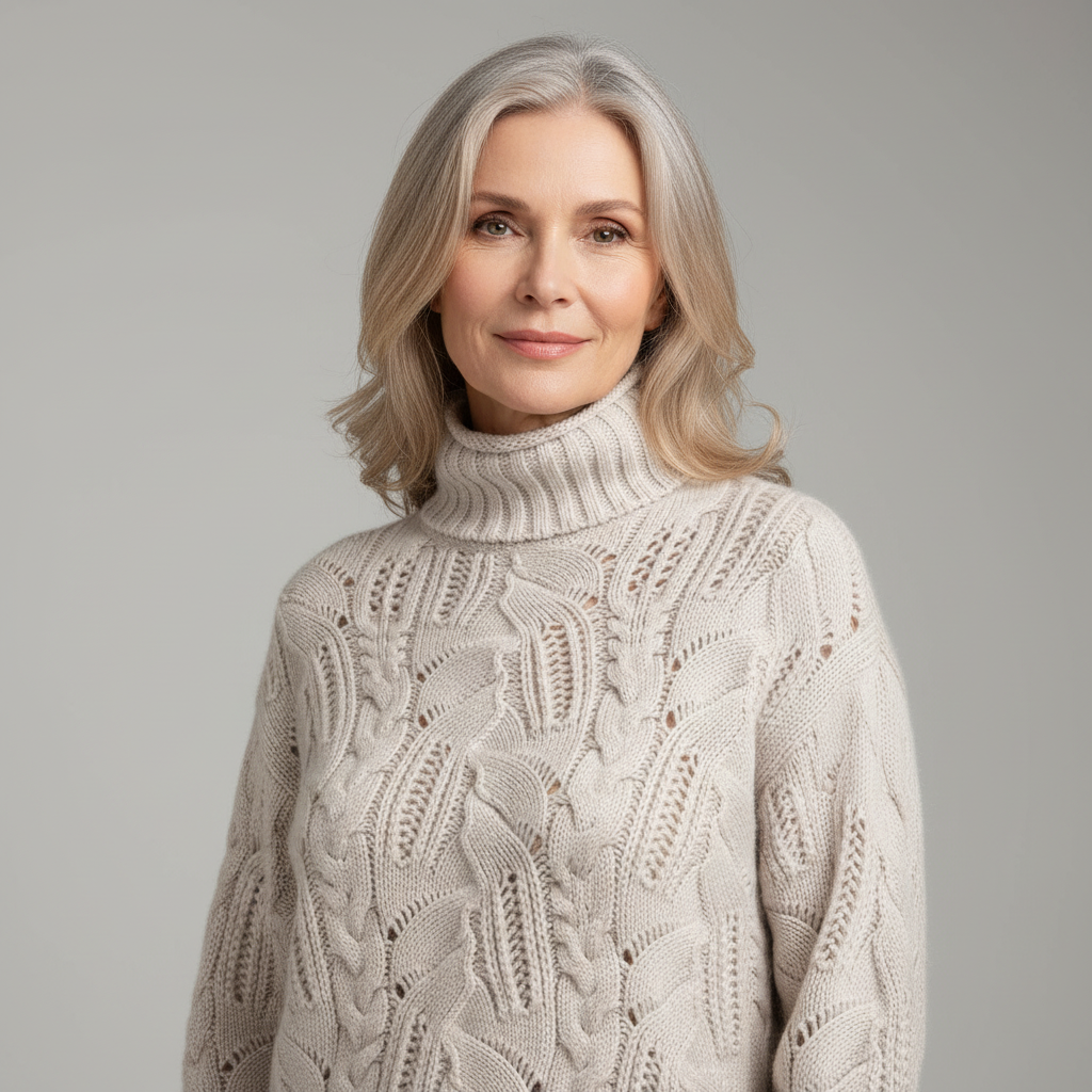 Beige cable-knit turtleneck jumper