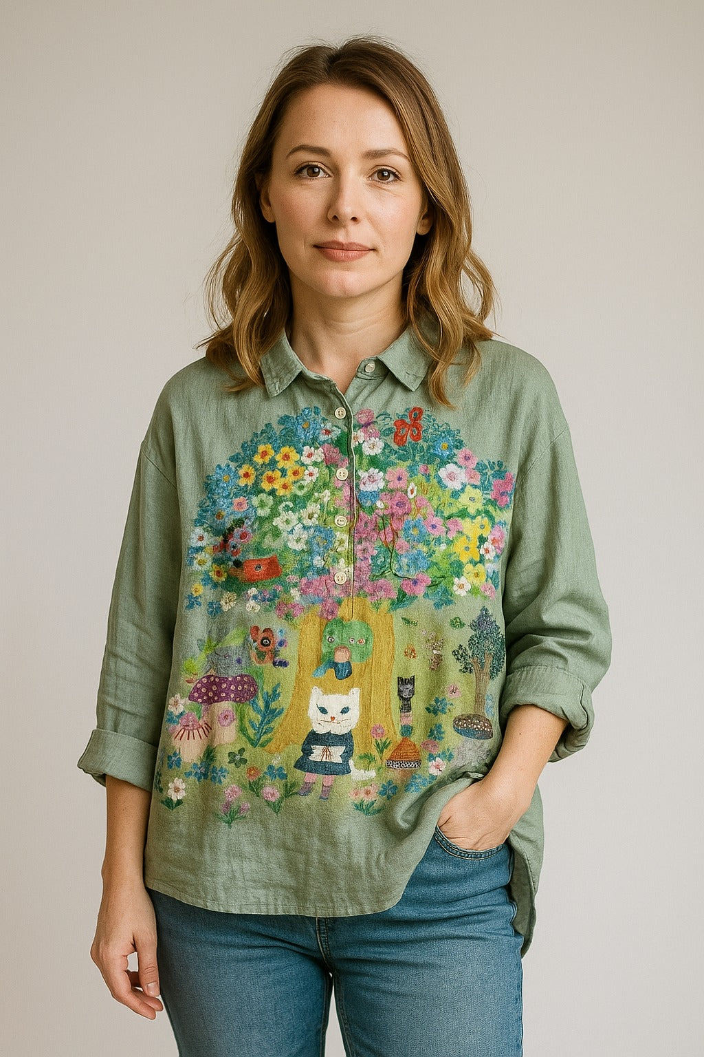 Kayli | Sage blouse with whimsical print