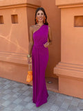 Purple one‑shoulder maxi-dress