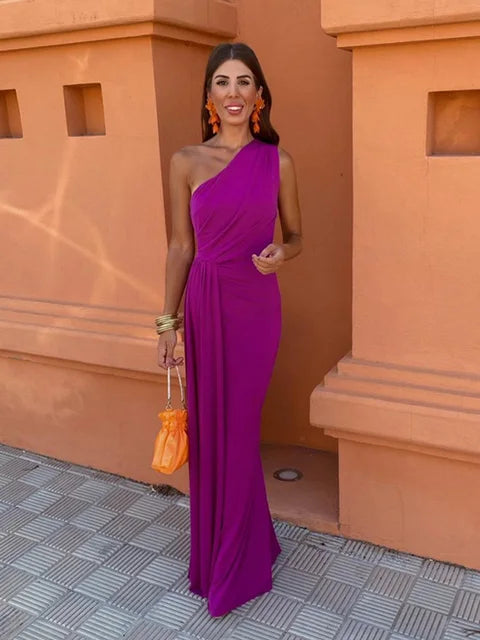 Purple one‑shoulder maxi-dress