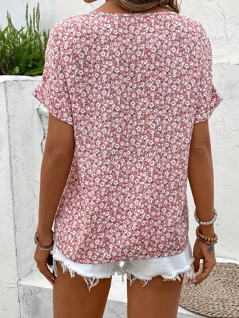 Pink short-sleeve blouse with ditsy floral print