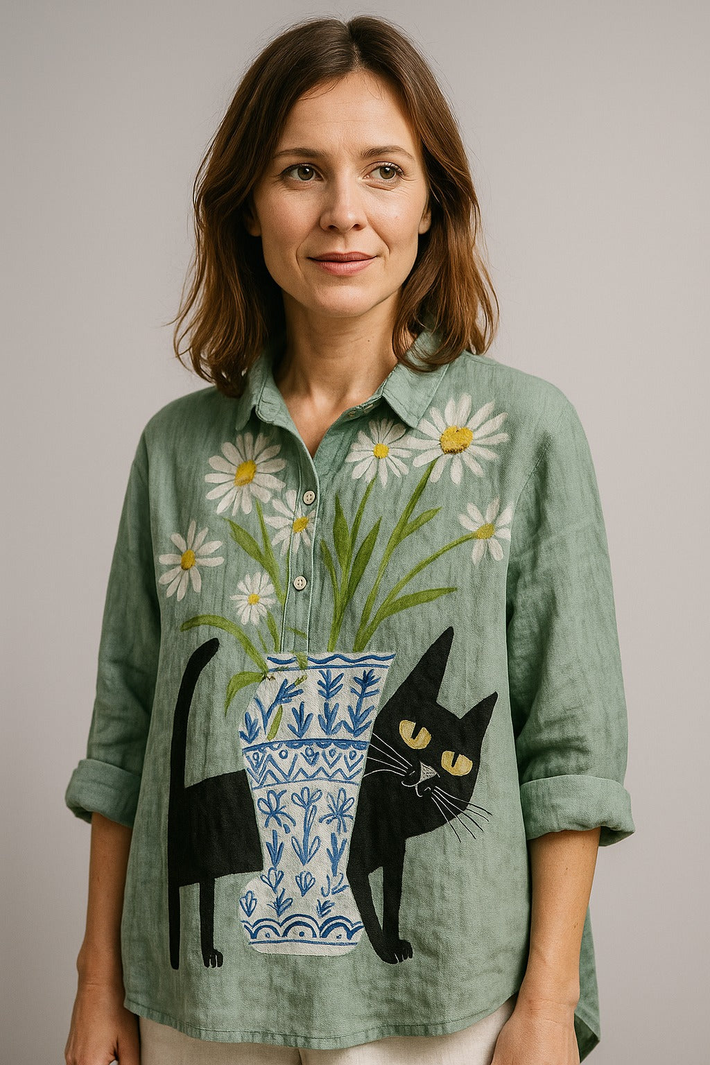 Zowie | Sage green cat print shirt