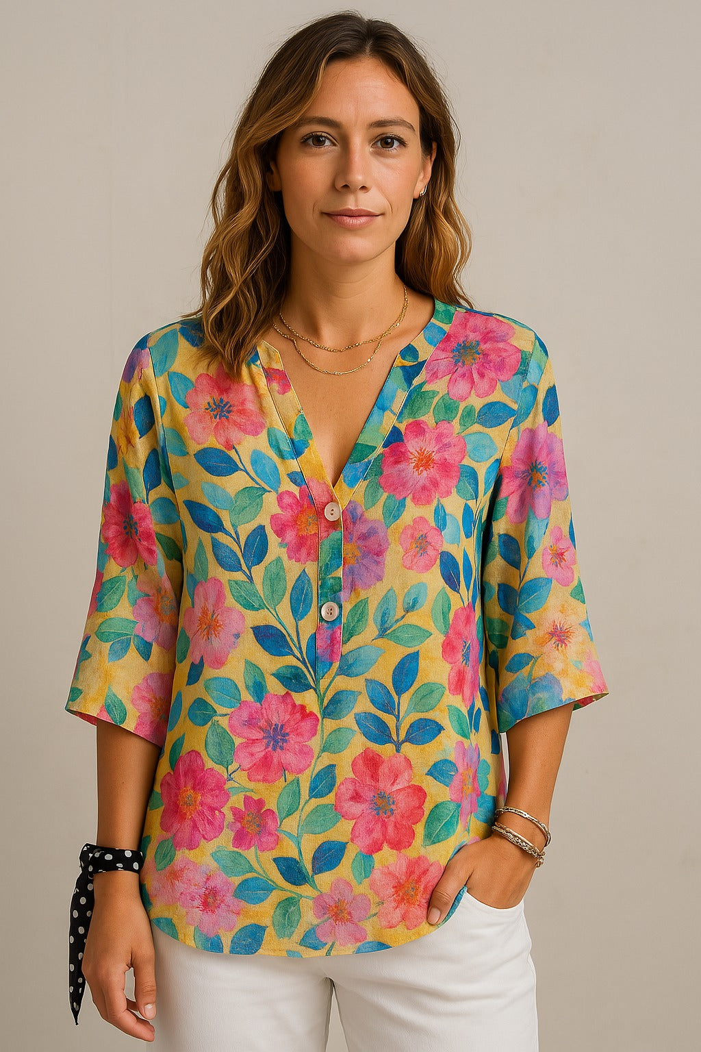 Mady | Yellow floral V‑neck blouse
