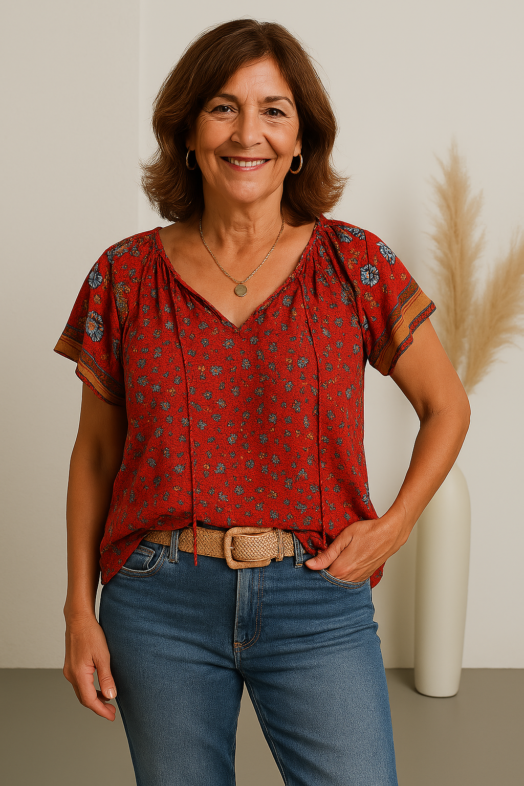 Red floral V‑neck blouse