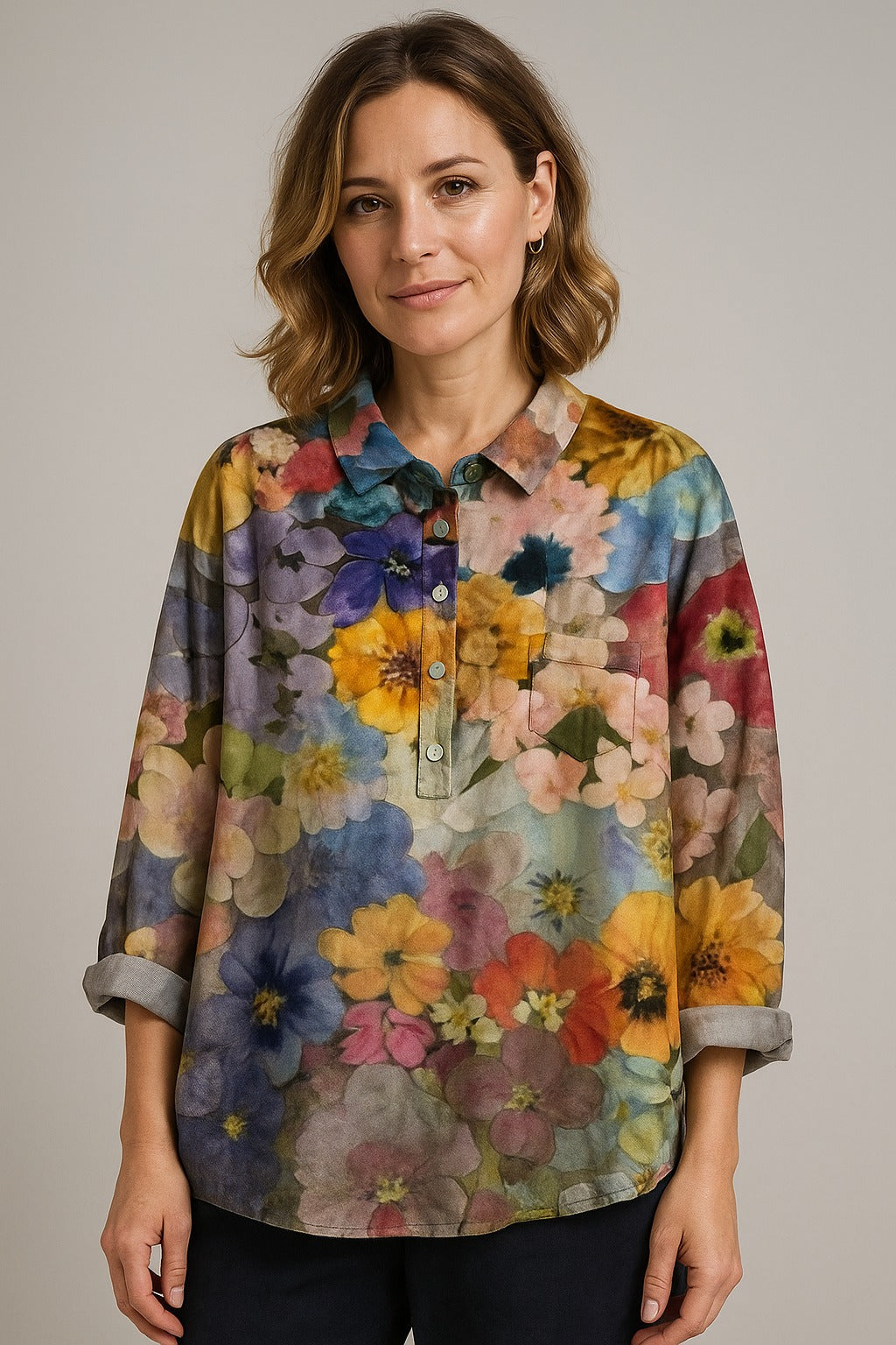 Multicolor floral linen blouse