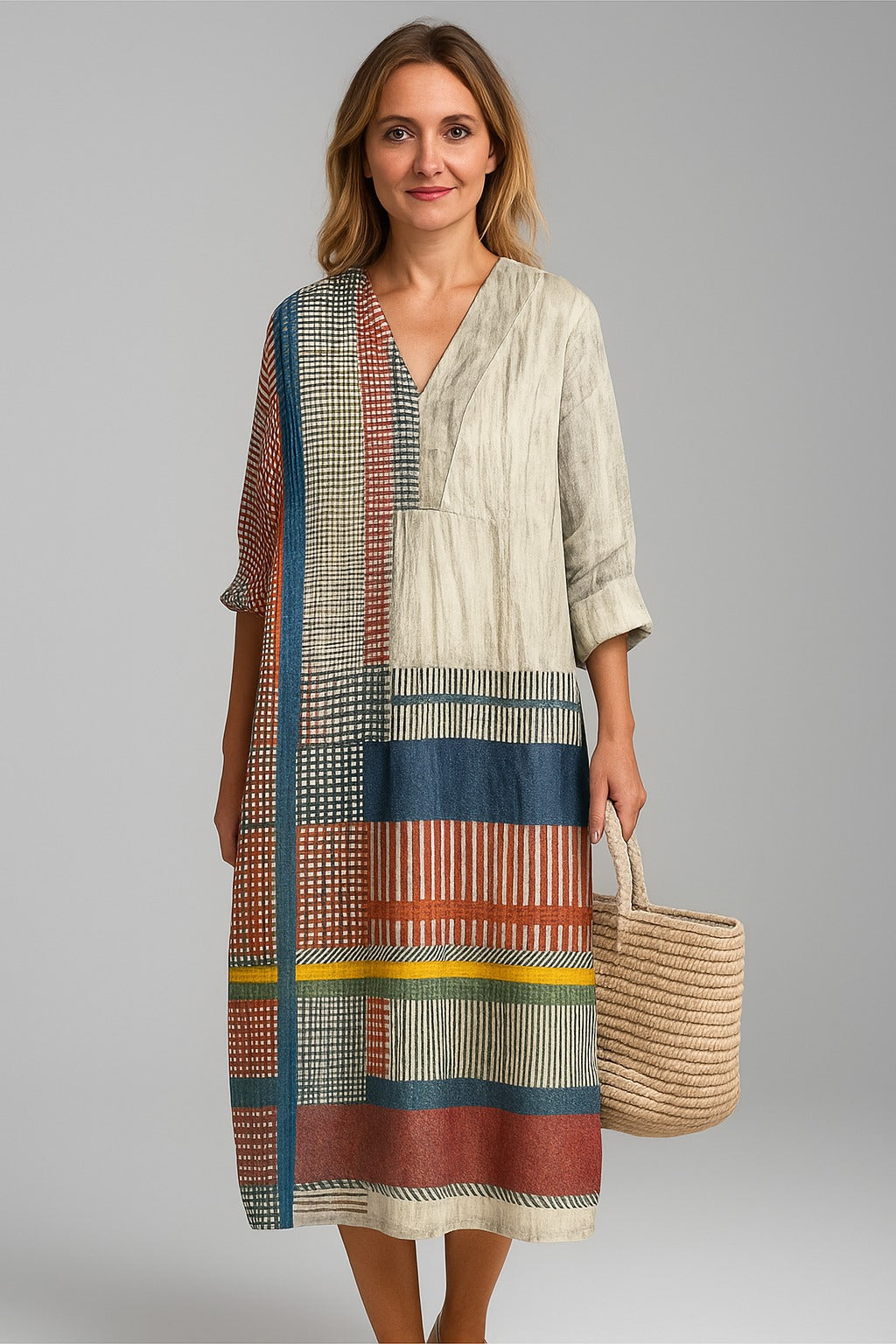 Maygan | Midi‑jurk met grafisch patchwork