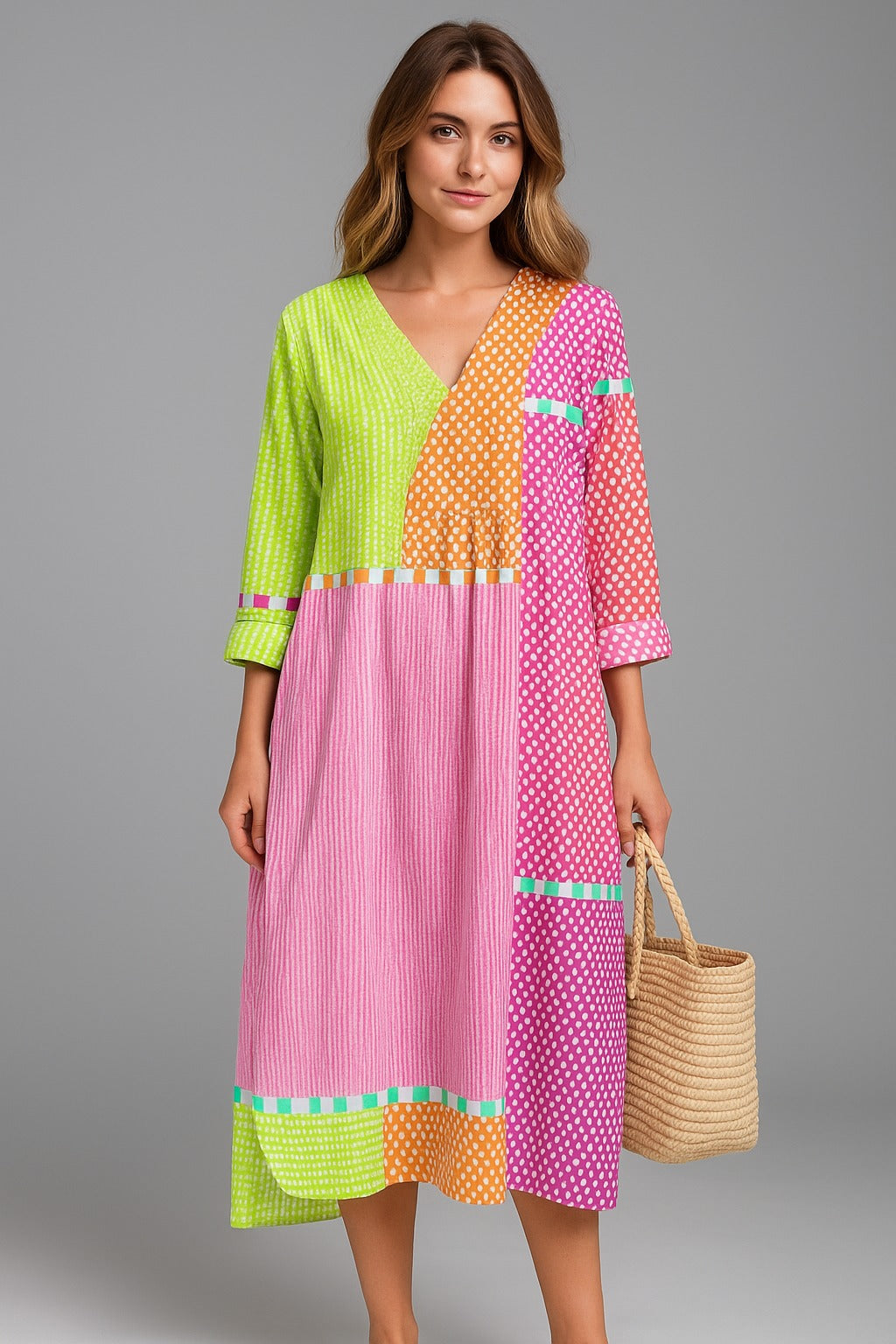Marloe | Midi‑jurk met patchwork van stip en streep