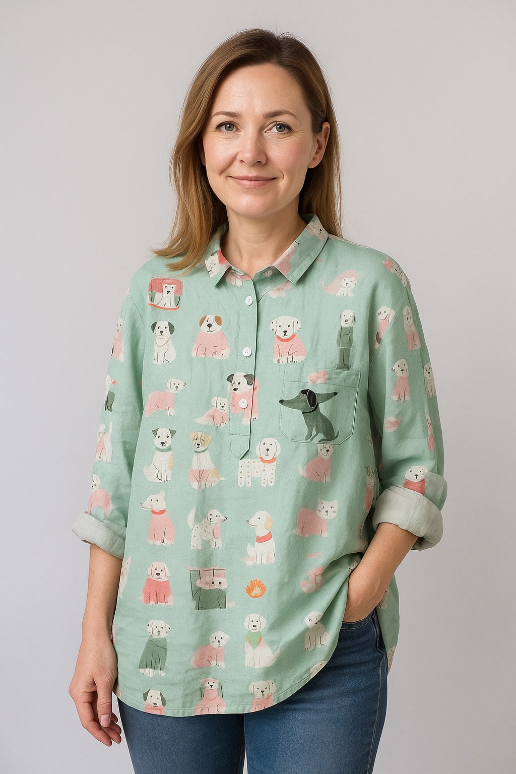 Mint blouse with dog print