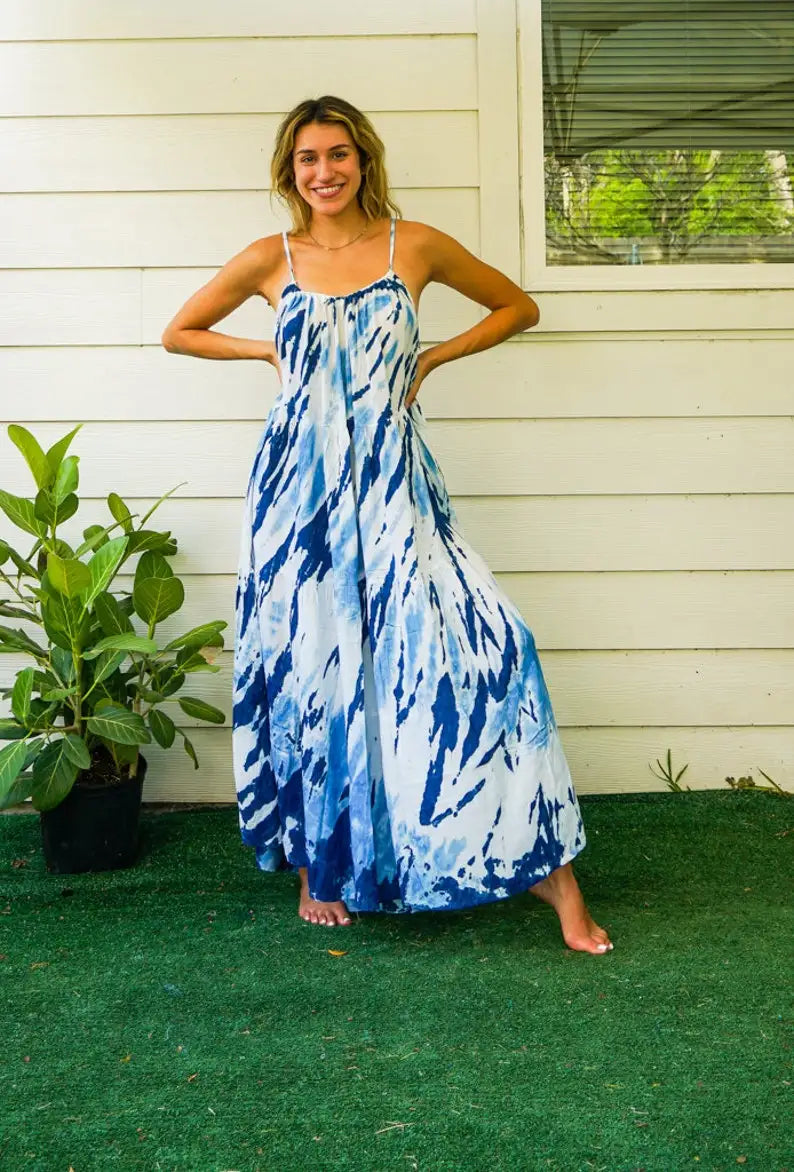 Blue tie-dye maxi dress